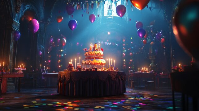 Colorful happy birthday party scene with balloons, confetti, streamers, and cake in a festive indoor celebration setup for kids or adults




