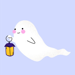 Cute ghost holding lantern. Friendly Halloween character with blush cheeks. Fun and playful design for spooky season decorations and kids themes.