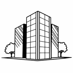 A minimalist line drawing of an office building with glass façade, clean vertical lines, symmetrical perspective
