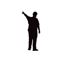 A bold silhouette of a man wearing a hard hat, pointing upward.