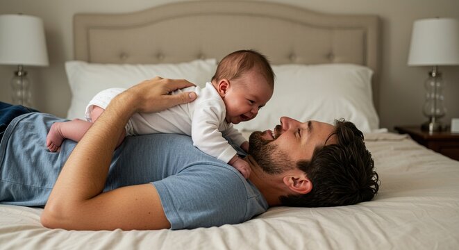Father and baby bonding time on bed happy family moments parent newborn infant love care at home