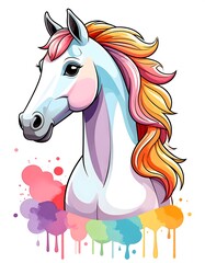 Watercolor illustration of a colorful horse head with colorful mane, featuring vibrant paint splatters