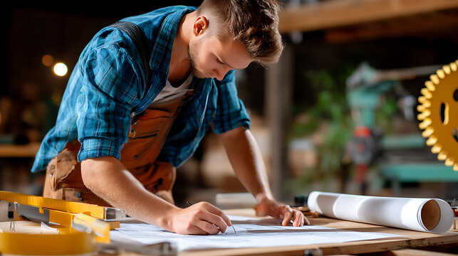 Crafting precision blueprints workshop setting photograph creative environment close-up view artisan concept