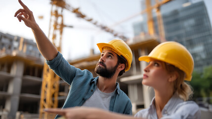 Construction planning meeting urban building site professional collaboration daylight close-up view teamwork in action