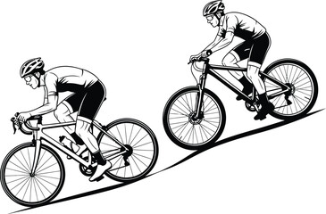 Obraz premium Vector art of silhouettes of cyclists riding bicycles on a road isolated on white background