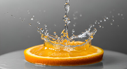 Orange slice with water splash fresh citrus fruit juice drink vitamin c healthy food photography macro shot