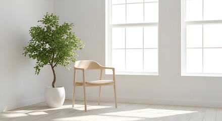 Minimalist interior design with wooden chair plant and bright windows for home decor ideas and inspiration