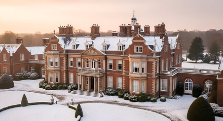 Winter mansion luxury estate snow covered grounds elegant architecture scenic landscape beautiful building