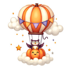 Fototapeta premium Owl in Pumpkin Hot Air Balloon Over Clouds – Bright White Background