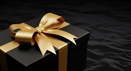 Black gift box with gold ribbon present for birthday christmas valentine's day special occasion luxury 3d render
