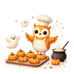Chef Owl Baking Pumpkin Treats with Ghost Assistants &ndash; Cream Light Background
