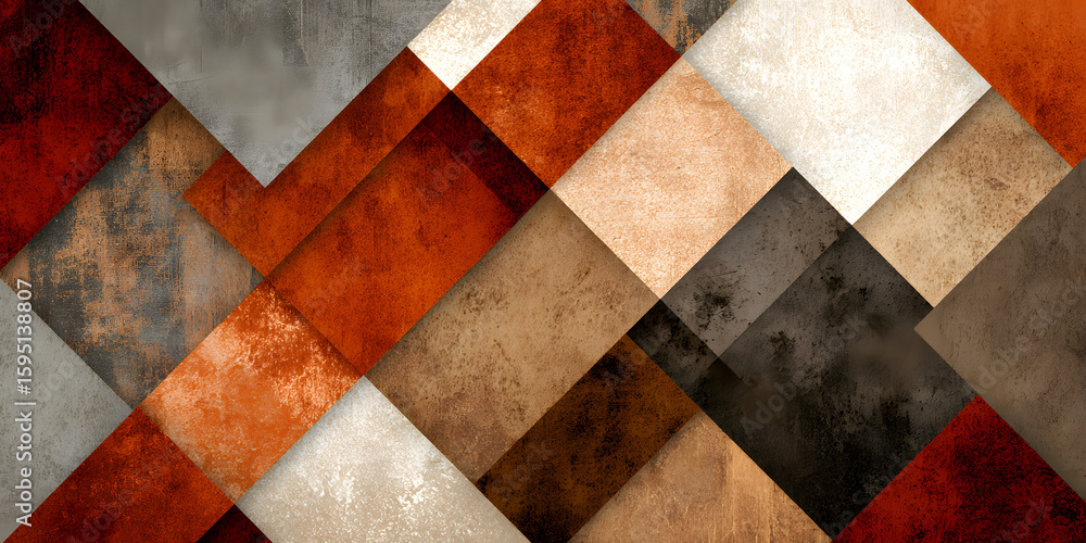 Poster textured abstract background with earthy tones of orange, brown, and cream in geometric patchwork de
