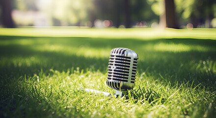 Microphone in grass audio equipment sound recording vintage microphone outdoor podcasting equipment