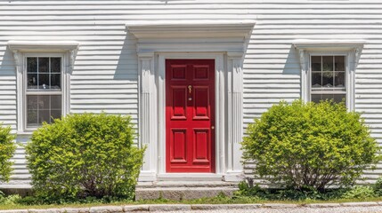 Fototapeta premium Traditional house with a vibrant red door and white siding, set against a manicured front yard under even daylight.