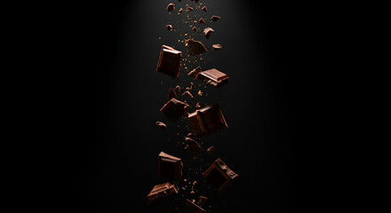 Delicious dark chocolate chunks falling on a black background food photography and product shot for marketing