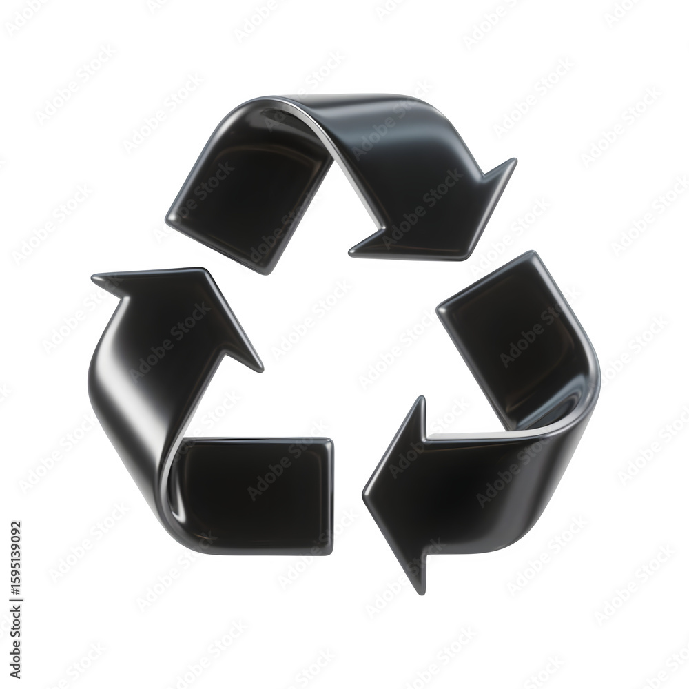 Fototapete 3d rendering glossy black recycling symbol with arrows isolated on transparent background