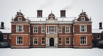 Winter brick mansion snow scene architecture building exterior estate property home house design style