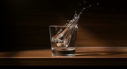 Water splash photography in glass on wood surface for drink ads and product background with clear liquid motion
