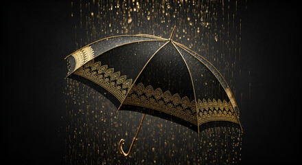 Elegant black and gold umbrella in rain weather protection fashion accessory stylish design concept art