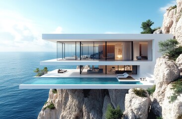 Modern Cliffside Villa Design with Infinity Pool Overlooking Ocean and Stunning Scenic Views in Bright Sunlight