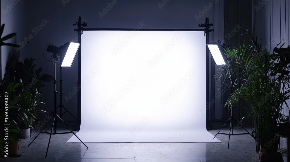 Poster clean and minimalistic photography studio setup with soft lighting and neutral backdrop for professi