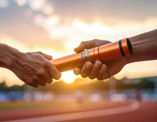 Two athletes exchange a baton during a relay race at sunset, symbolizing teamwork and collaboration.
