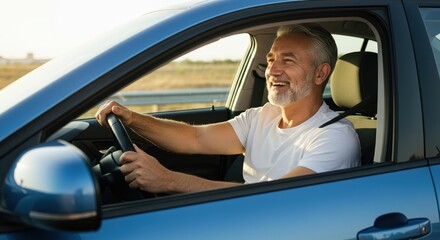 A Happy Senior Man Driving A Beautiful Blue Car