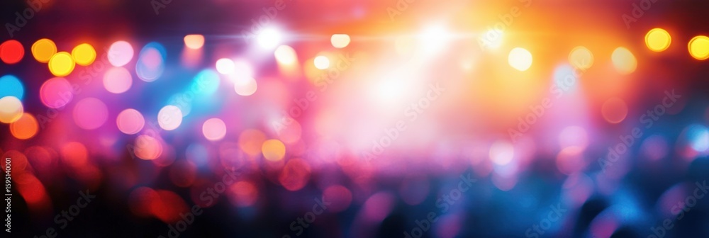 Poster soft focus background of a vibrant colorful bokeh with high energy lighting at a night event or conc