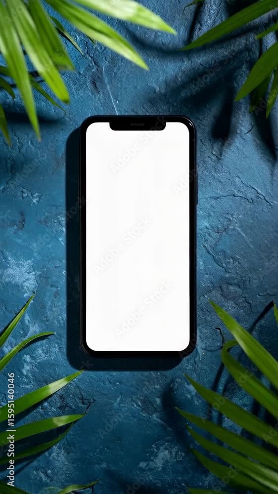 Aufkleber mobile phone with blank white screen on deep blue textured surface with palm leaves casting shadows 