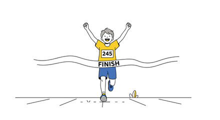 Fototapeta premium Excited Runner Crossing the Finish Line With Arms Raised in Victory After a Long Race