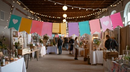 Colorful banners adorn a cozy artisan market showcasing handmade crafts, decor, and local goods in a lively venue during the afternoon
