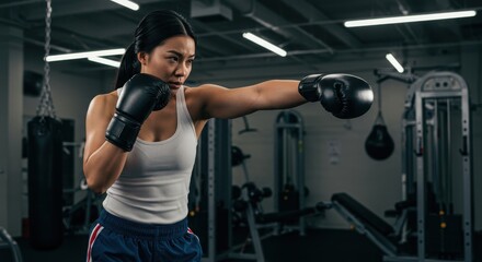 Asian Woman Boxing In A Gym With Gloves