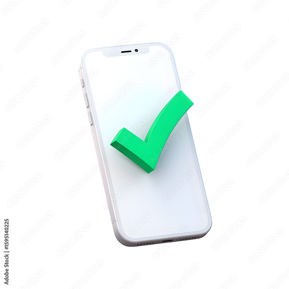 Poster 3d rendering white smartphone with a green checkmark symbol isolated on transparent background