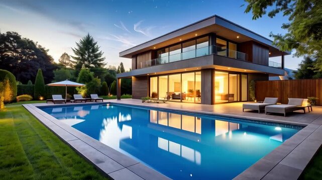 Luxurious contemporary house with pool, elegant home exterior design surrounded by lush landscaping at dusk, serene and modern property