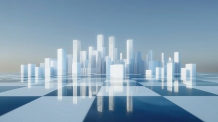 Fototapeta premium Reflective Cityscape on a Checkerboard