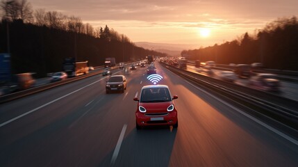 Red Smart Car with WiFi Signal on Roof &ndash; Sunset Highway Drive with Motion Blur