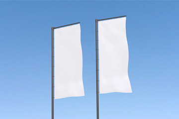 White flag banner with blue sky background for mockup template
