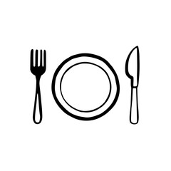 Clean, empty plate with a fork, knife, and spoon set for dinner on a white table
