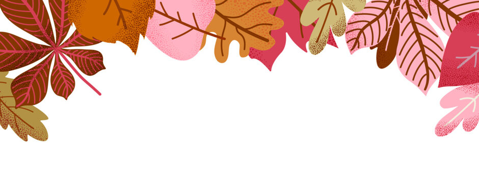 Colorful autumn leaves on the top of banner. Hand-drawn texture and soft colors cozy seasonal background