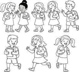 Vector art of a group of school children are walking with backpacks isolated on white background