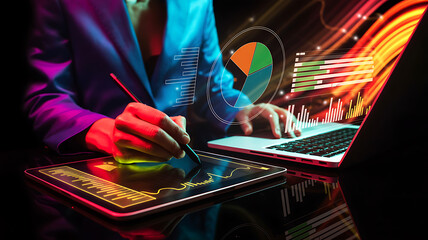 Data Visualization on Tablet and Laptop Screen With Businesswoman Using Digital Pen for Analysis and Strategy Development in a Tech-Driven and Dynamic Environment