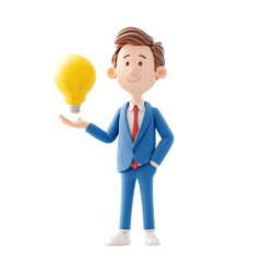Cartoon Businessman with an Idea Presenting a Glowing Light Bulb 3D Render