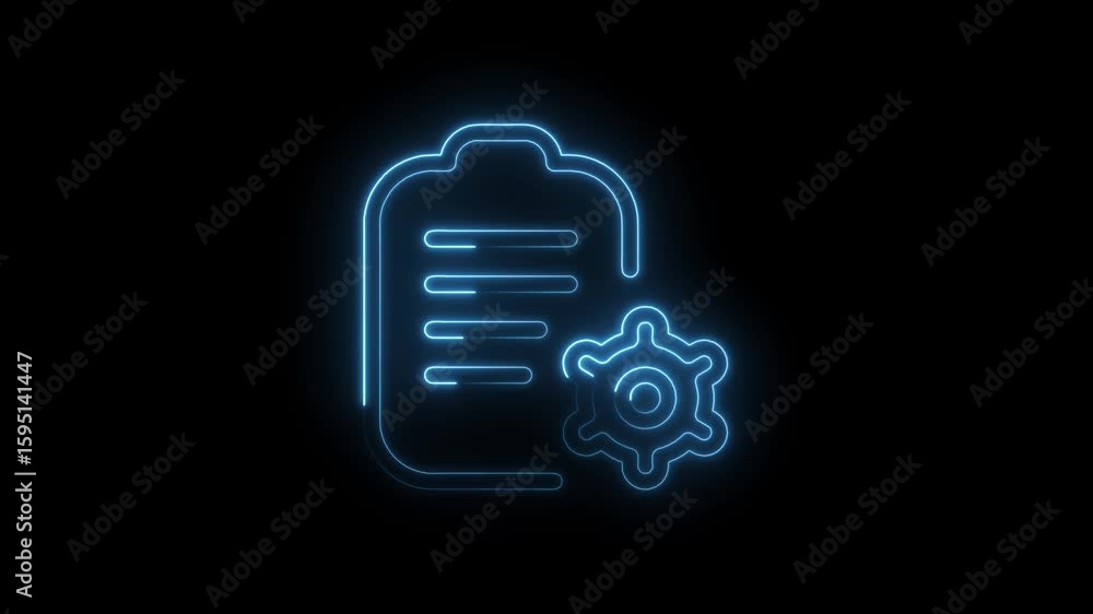 Poster glowing blue neon document icon with gear symbol representing settings configuration data management