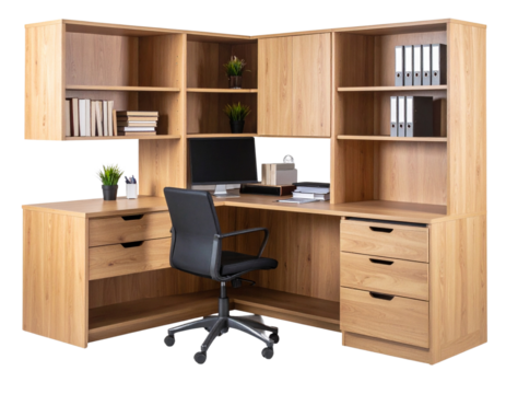 Spacious L-Shaped Corner Workstation with Built-in Storage Drawers, isolated on transparent background PNG