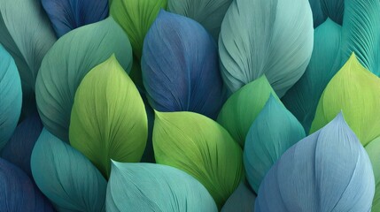 Vibrant, textured leaves in shades of teal, blue, and green