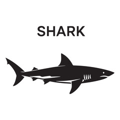 Dark silhouette of a shark swimming in the ocean is isolated on a light background