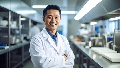 Fototapeta premium Smiling Man Wearing Lab Coat in Commercial Kitchen