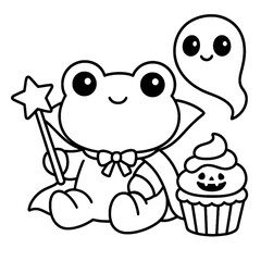 Kawaii frog in vampire costume with magic wand, ghost and Halloween cupcake, coloring page

