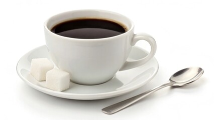 Obraz premium Aromatic Coffee Cup with Sugar Cubes and Spoon on a White Background