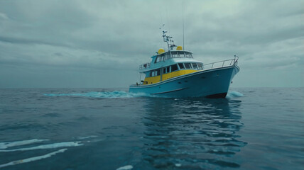 A blue and yellow boat cruises across a calm, dark blue ocean under a cloudy, overcast sky.